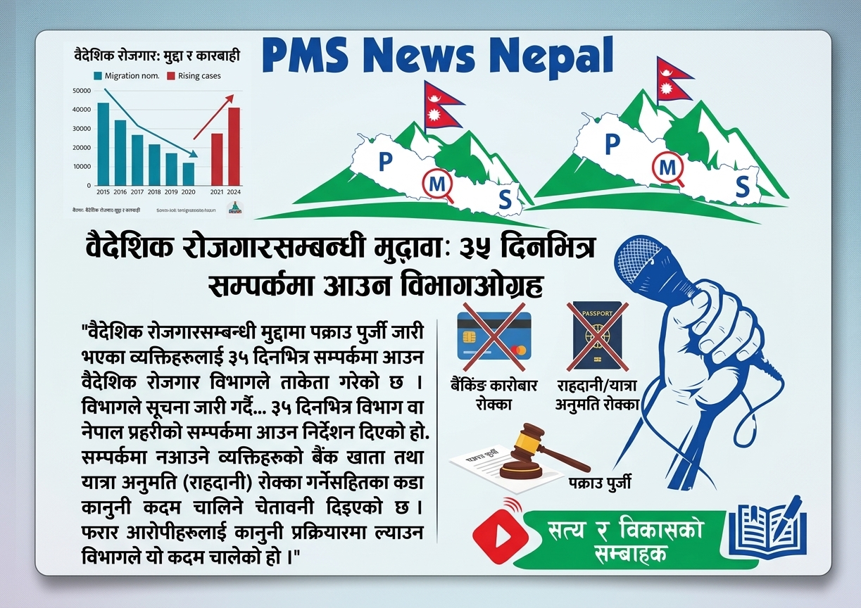 Featured Image of the news article वैदेशिक रोजगार विभागद्वारा पक्राउ पुर्जी जारी भएका व्यक्तिहरूलाई ३५ दिनभित्र सम्पर्कमा आउन आग्रह।